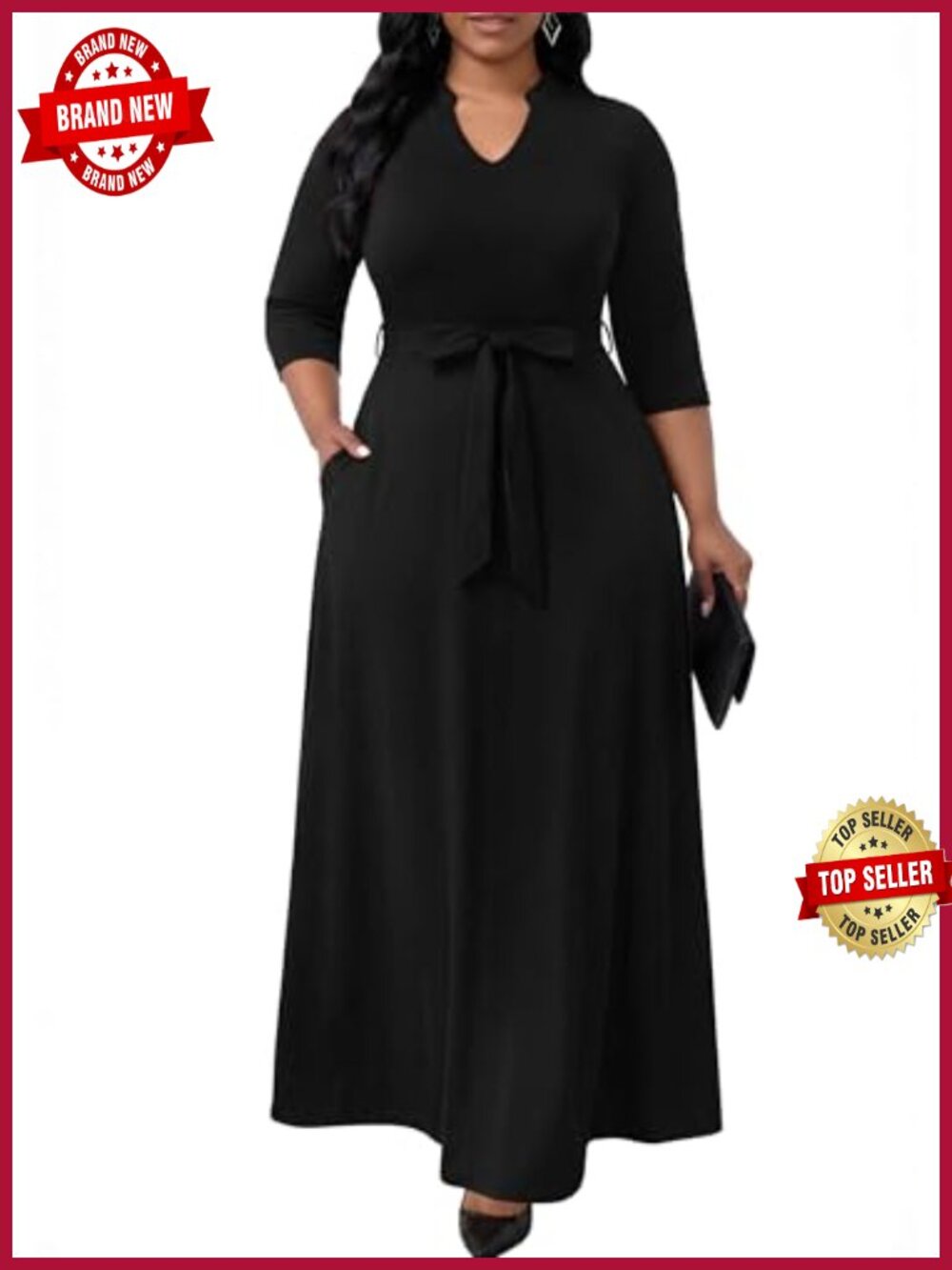 Maxi Dress V Neck 3/4 Sleeve with Pockets